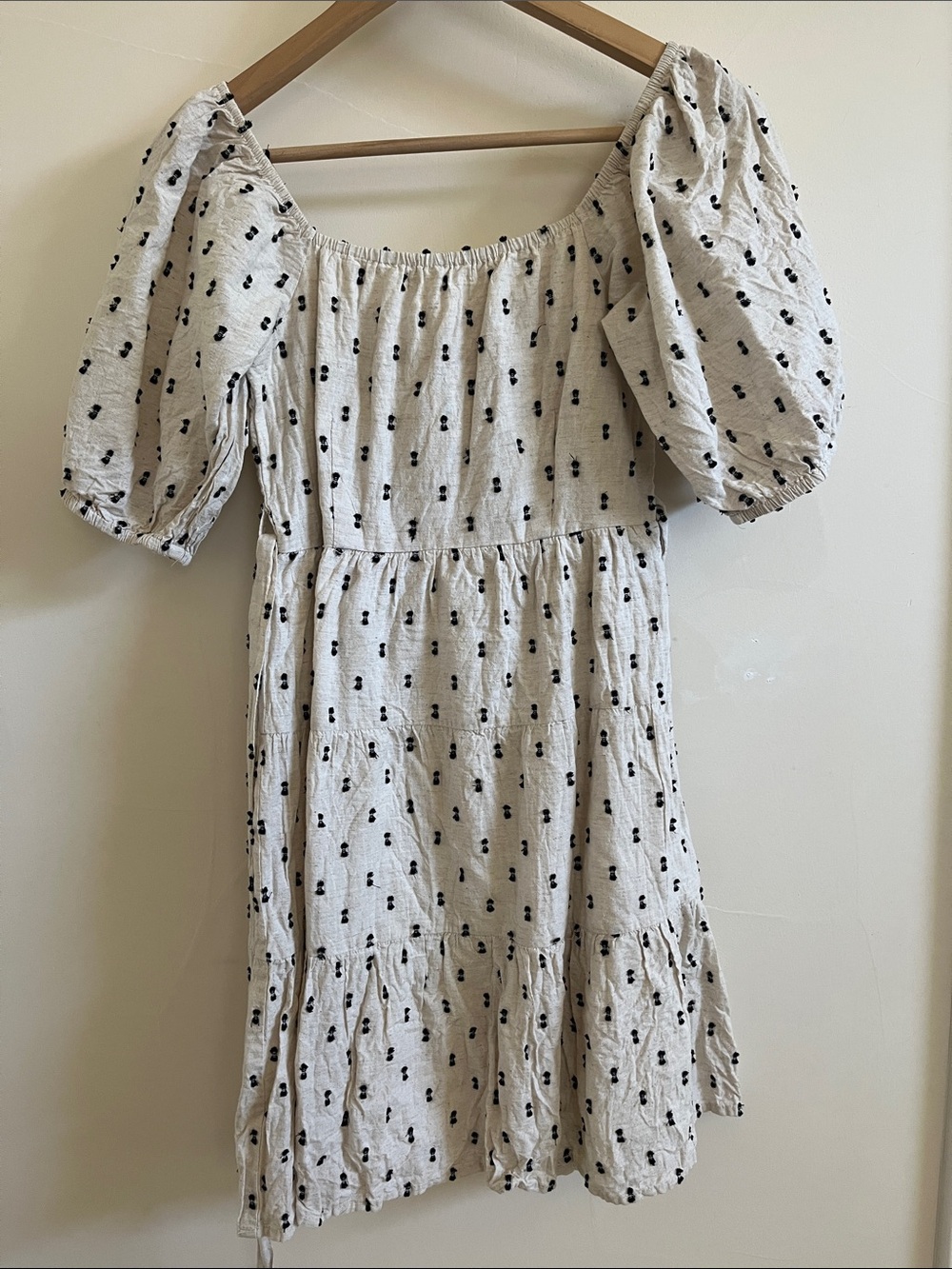 Puff Sleeve Ivory Mini Dress with Black Dot Print. Size small